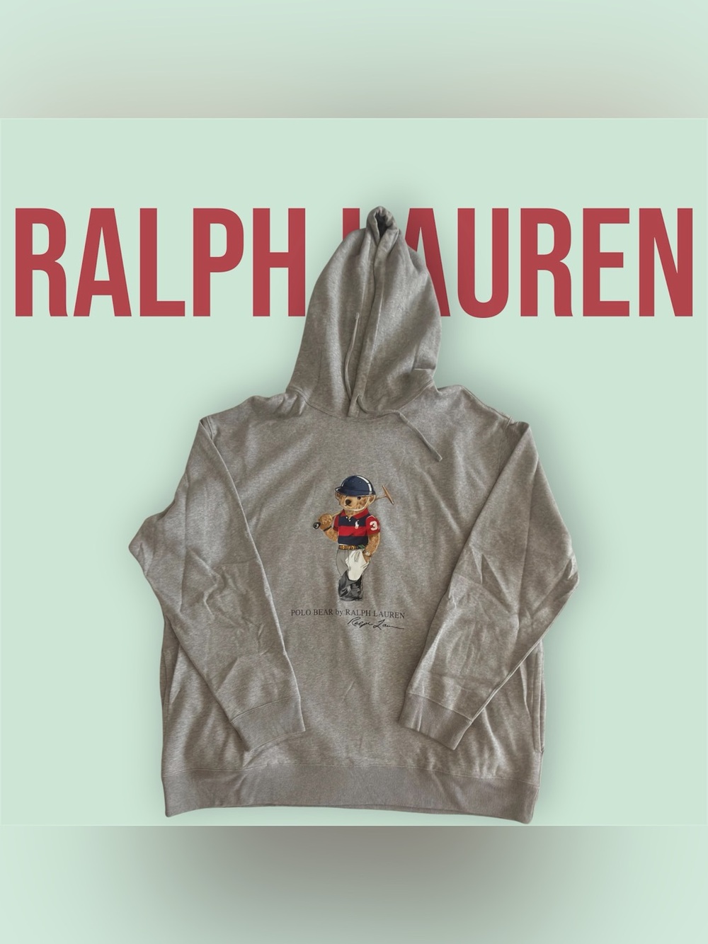 Ralph Lauren Gray Polo Bear Pullover Hoodie with Multicolor Graphic